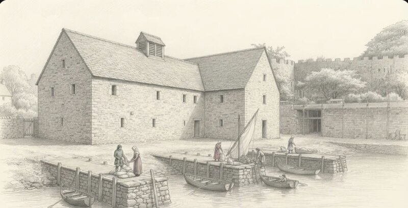 Pencil reconstruction of the Island House plot as a working waterfront around 1300: stone quays along a tidal creek, a small boat alongside, buildings behind and the castle above.