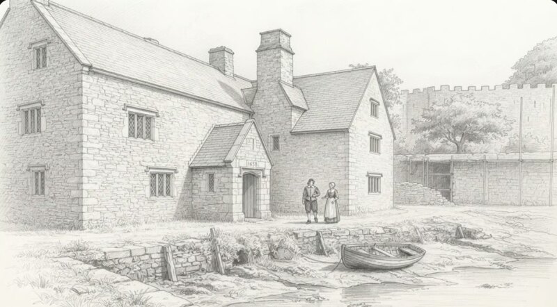 Pencil reconstruction of Island House about 1660 as a sub-medieval stone house, with the creek silting in front of it and the castle behind.