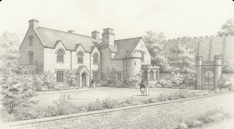 Pencil reconstruction of Island House in its Picturesque phase: a crenellated Gothick gateway, a gazebo on an older round-tower base, and a tall boundary wall along the creek.