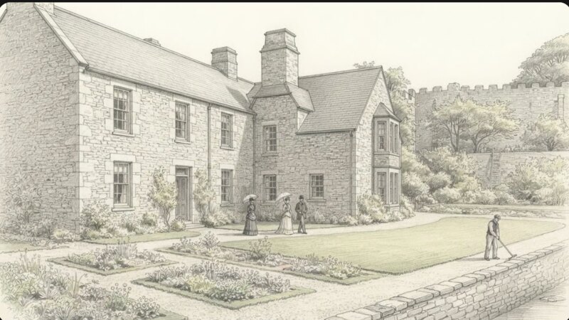 Pencil reconstruction of the garden front of Island House about 1890, with the family on the lawn and the pointed Gothic window above.