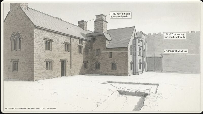 Pencil phasing study of Island House, the elevation annotated to separate its periods: the roof timbers dated 1437, the sixteenth- and seventeenth-century sub-medieval walls, and the Gothick dressing of about 1800.