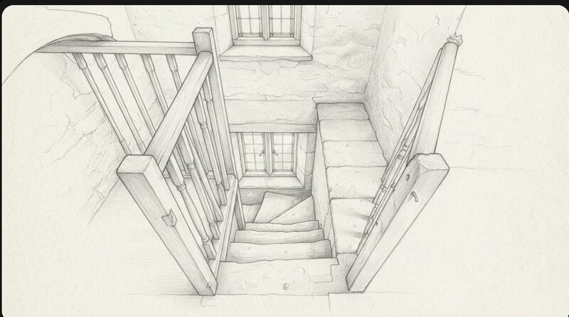Pencil reconstruction of the turning winder stair of Island House rising within its stone shaft, with a simple timber balustrade and light falling from a window on the landing above.