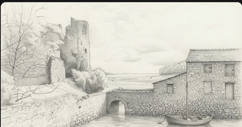 Pencil reconstruction of the waterside range of Island House seen from the creek: rubble-stone walling rising from the water, an arched opening at water level, a single small boat drawn up alongside, and the castle ruin beyond.