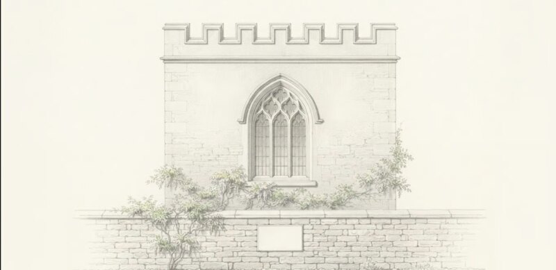 Pencil study of the Gothick face of Island House: a tall pointed window with cusped tracery and leaded lights set below a castellated parapet, above a boundary wall carrying a blank rectangular stone plaque.