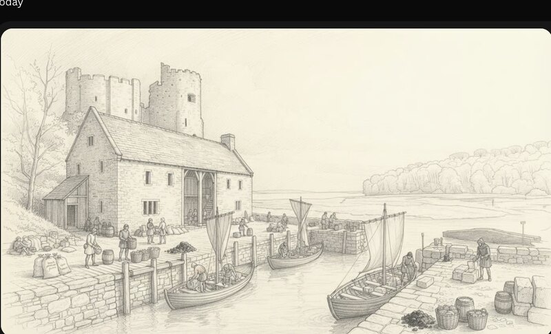 Pencil reconstruction of the medieval waterfront at Island House in use: stone quays along a tidal creek with small single-masted boats drawn alongside, people loading sacks, barrels and baskets, a stone hall house behind and the castle on its rock above.