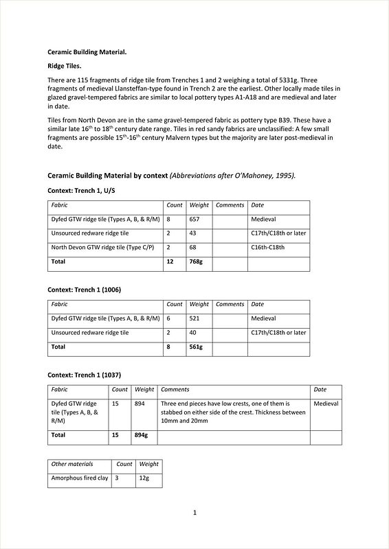 Ceramic building material report — first page of the report — Island House, Laugharne.