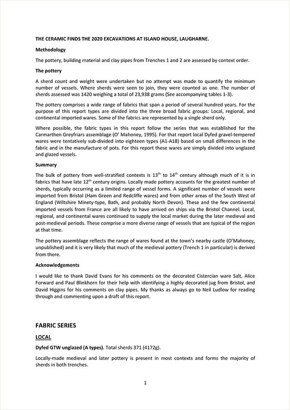 Ceramic Finds (2020) — first page of the report.
